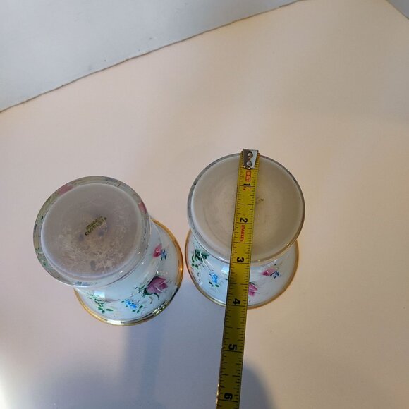 Pair Vtg BOHEMIAN CZECH Cased Glass White Painted Pink Roses Vase Set -CHIP READ - Picture 14 of 14